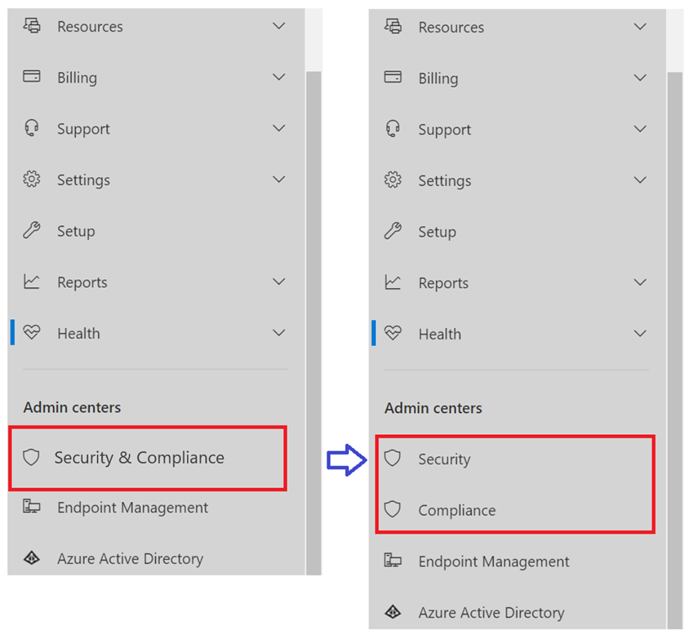 Update to Security and Compliance center link in Admin center