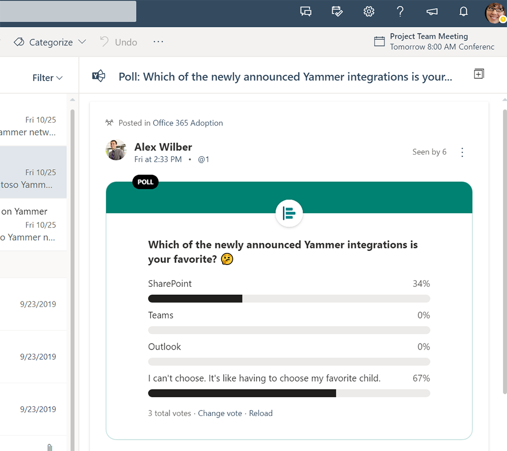 Interactive Yammer email in Outlook on the Web