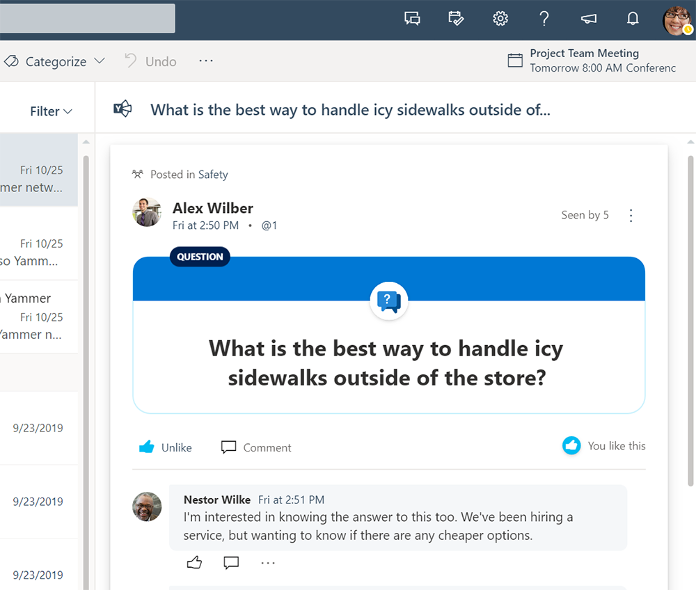 Interactive Yammer email in Outlook on the Web