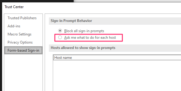 Restricting form-based authentication in Office apps