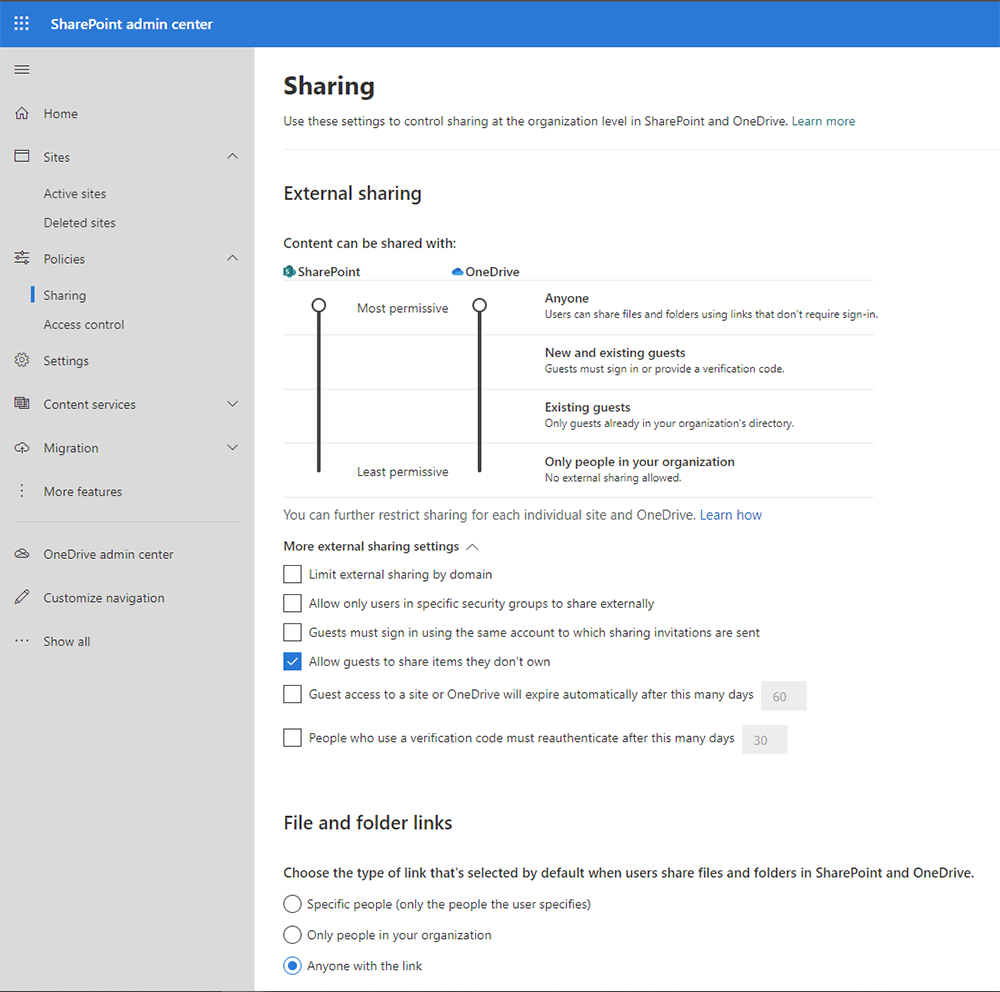 Sharing settings in the modern SharePoint admin center 