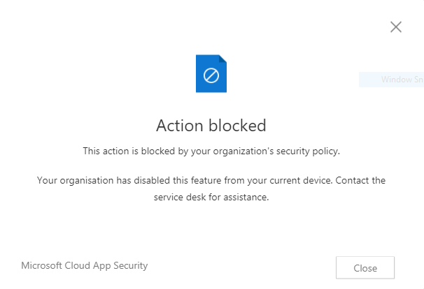 Cloud App Security block copy message