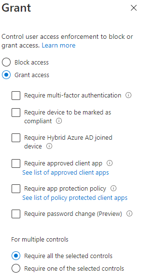 Azure AD conditional access grant configuration